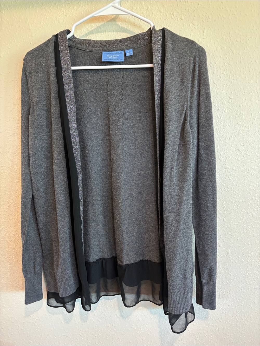 Simply Vera Vera Wang Gray Open-Front Cardigan with Sheer Black Trim